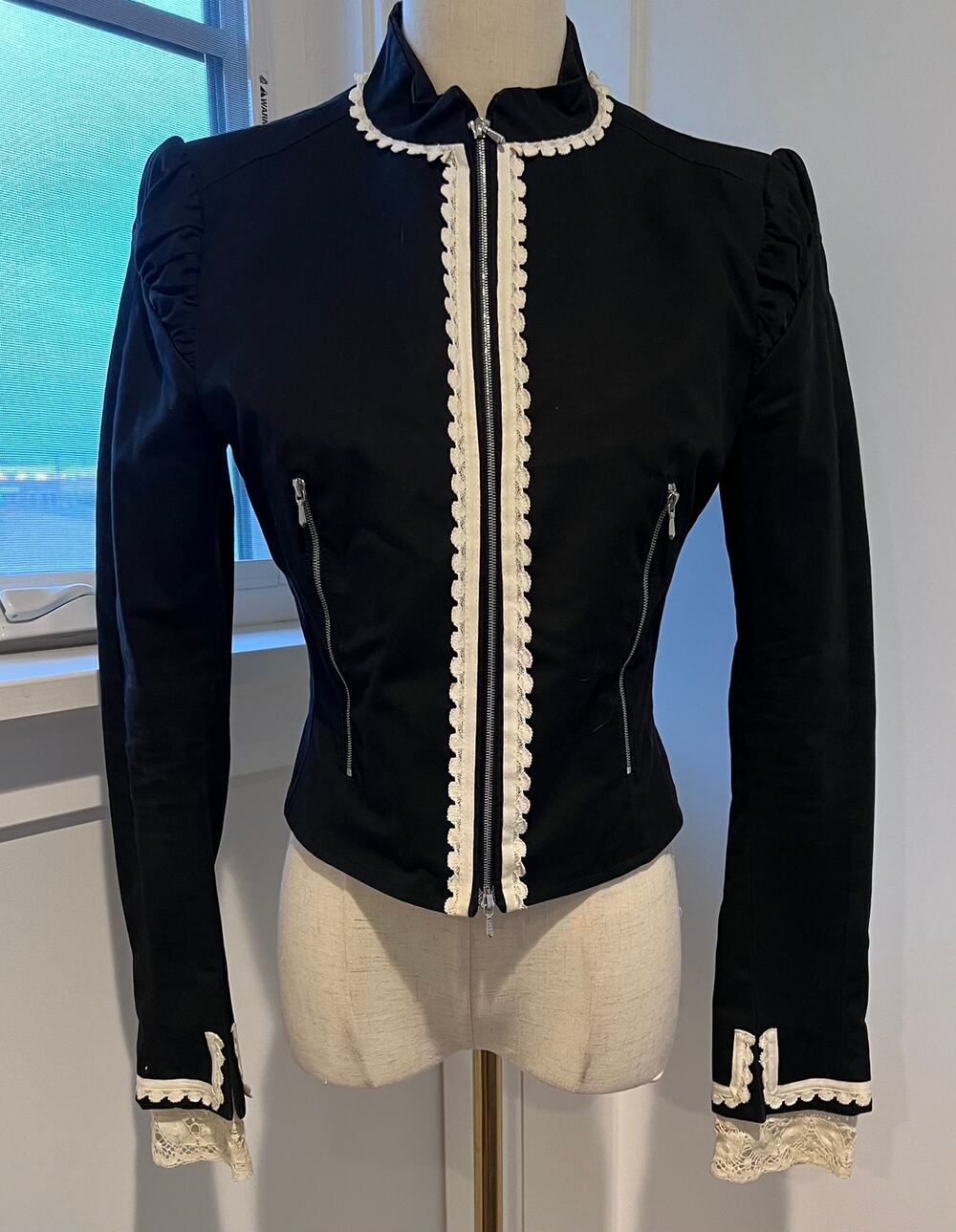 VTG 2003 Antonio Berardi Goth/Moto Black Lace-Trim Cropped Zip Jacket IT 42